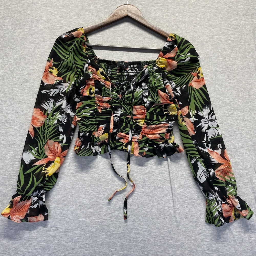 Milk & Honey Cropped Top Womens Small Multi Floral Smocked Striking Lace Detail